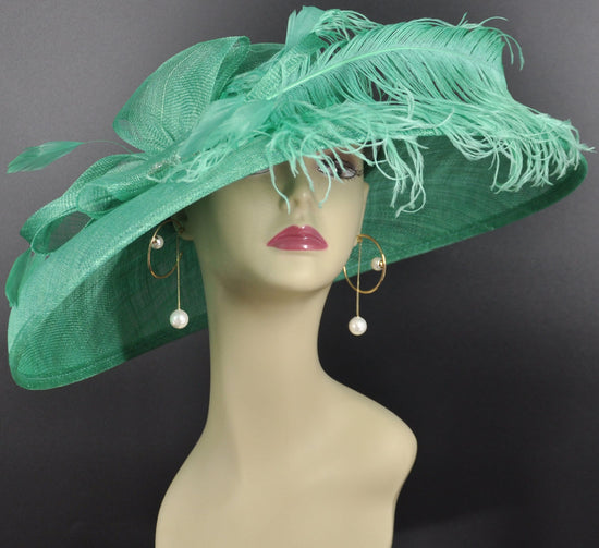 Jade Green Wide Brim Sinamay Hat Church Kentucky Derby Hat Carriage Tea Party Wedding  Rhinstones w Sinamay Bow Ostrich Feather