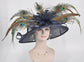 Church Kentucky Derby Hat Carriage Tea Party Wedding Wide Brim Sinamay Hat W Peacock  Pheasant Feather Flower and Sinamay Bows Navy Blue