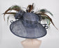 Church Kentucky Derby Hat Carriage Tea Party Wedding Wide Brim Sinamay Hat W Peacock  Pheasant Feather Flower and Sinamay Bows Navy Blue