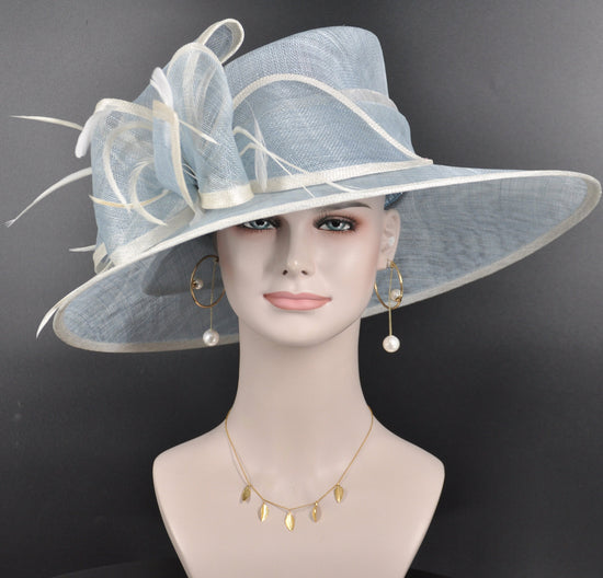 Church Kentucky Derby Hat Carriage Tea Party Wedding Wide Brim  Royal Ascot Hat in Solid Sinamay Hat Powder blue w White