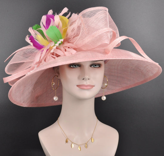 Church Kentucky Derby Hat Carriage Tea Party Wedding  With Jumbo Colorful Feather Flower and Bows Blush/Dusty Pink Wide Brim Sinamay Hat