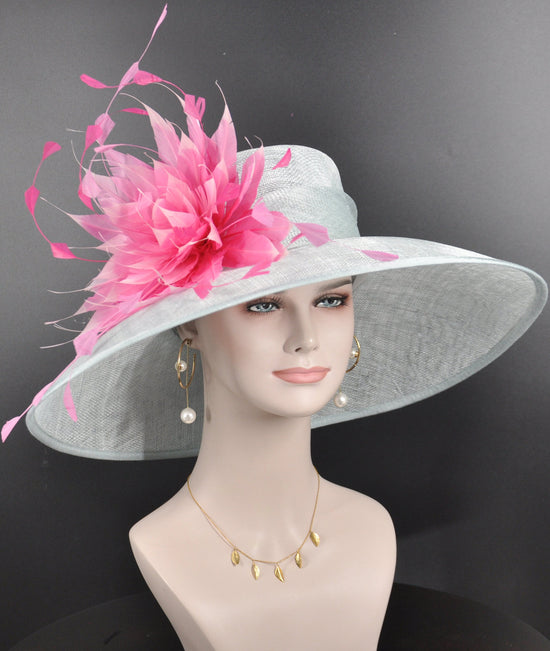 Powder Blue w Fuchsia Hot Pink  Pink Feather Flower Kentucky Derby Hat Tea Party Carriage Party  Royal AscotWide Brim  Sinamay Hat