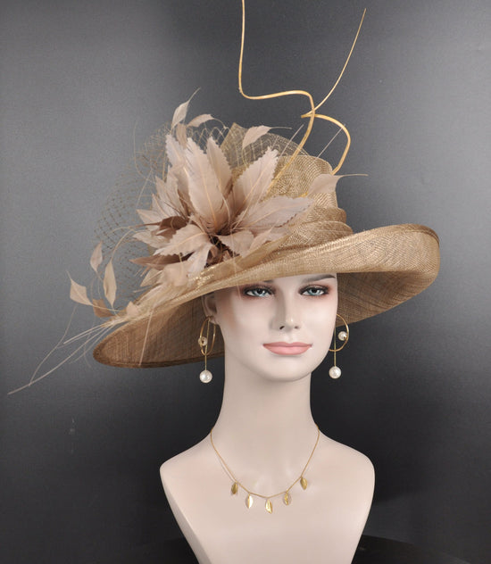 Church Kentucky Derby Hat Carriage Tea Party Wedding  Jumbo Feather Flowers and Ostrich  Quills (Taupe+ more colors)