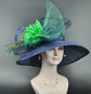 Church Kentucky Derby Hat Carriage Tea Party Wedding Wide Brim Woman’s Sinamay Hat Navy Blue w Green Flower Peacock Feathers