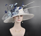 Wide Brim Sinamay Hat Church Kentucky Derby Hat Carriage Tea Party Wedding Hat Feather Flower Ostrich Quills White w Navy Blue Powder Blue