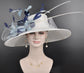 Wide Brim Sinamay Hat Church Kentucky Derby Hat Carriage Tea Party Wedding Hat Feather Flower Ostrich Quills White w Navy Blue Powder Blue