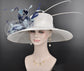 Wide Brim Sinamay Hat Church Kentucky Derby Hat Carriage Tea Party Wedding Hat Feather Flower Ostrich Quills White w Navy Blue Powder Blue