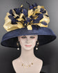 Audrey Hepburn Style Dome Hat Kentucky Derby Hat Tea Party Carriage Party 3 Layers Wide Brim Sinamay Hat Navy blue W Gold Silk Abaca Bow