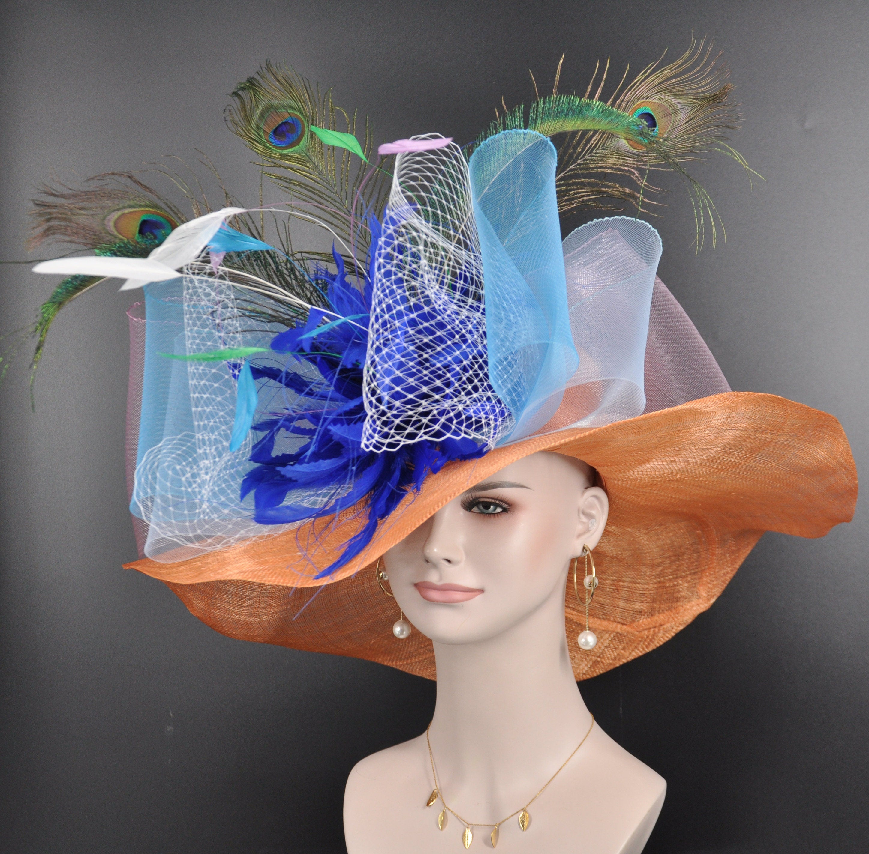 NEW Orange Church hat Kentucky Derby hat Royal wedding hat retailer Ascot hat Tea Party hat with rhinestones&feathers