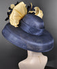 Audrey Hepburn Style Dome Hat Kentucky Derby Hat Tea Party Carriage Party 3 Layers Wide Brim Sinamay Hat Navy blue W Gold Silk Abaca Bow