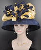 Audrey Hepburn Style Dome Hat Kentucky Derby Hat Tea Party Carriage Party 3 Layers Wide Brim Sinamay Hat Navy blue W Gold Silk Abaca Bow