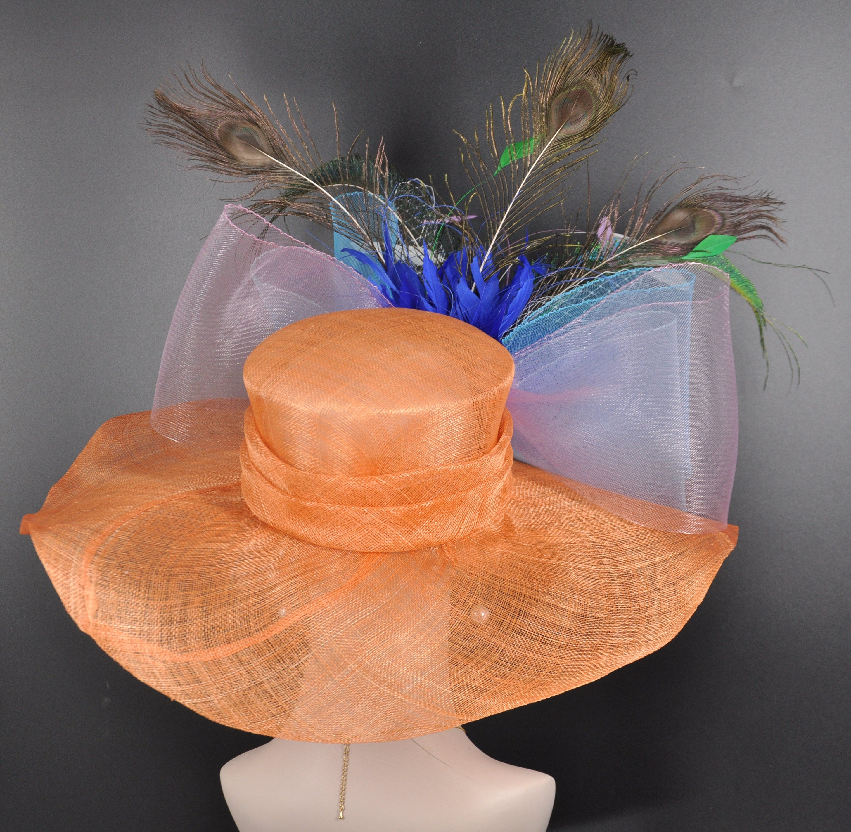 NEW Orange Church hat Kentucky Derby hat Royal wedding hat retailer Ascot hat Tea Party hat with rhinestones&feathers