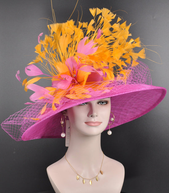 Fuchsia /Hot Pink w Orange Wide Brim Sinamay Hat Church Kentucky Derby Hat Carriage Tea Party Wedding Jumbo Feather Flowers