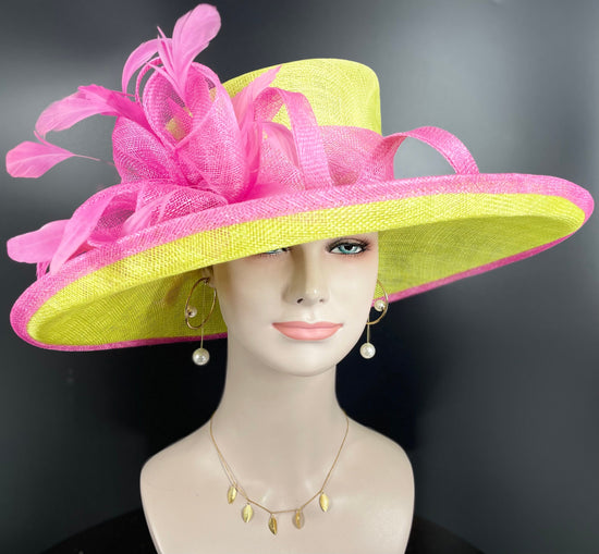 Church  Kentucky Derby Hat Carriage Tea Party Wedding Wide Brim Woman’s Royal Ascot Hat in Solid Sinamay Hat Lime Green w Hot Pink