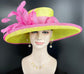 Church  Kentucky Derby Hat Carriage Tea Party Wedding Wide Brim Woman’s Royal Ascot Hat in Solid Sinamay Hat Lime Green w Hot Pink