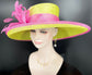 Church  Kentucky Derby Hat Carriage Tea Party Wedding Wide Brim Woman’s Royal Ascot Hat in Solid Sinamay Hat Lime Green w Hot Pink