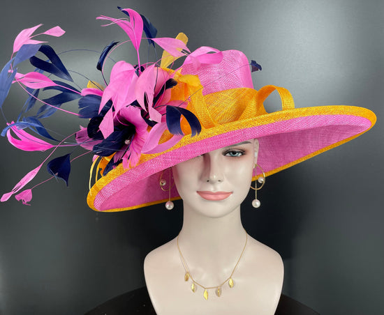 Church  Kentucky Derby Hat Carriage Tea Party Wedding Wide Brim Woman’s Royal Ascot Hat in Solid Sinamay Hat Hot Pink w Navy Blue