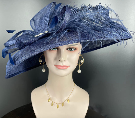 Navy Blue Wide Brim Sinamay Hat Church Kentucky Derby Hat Carriage Tea Party Wedding  Rhinstones w Sinamay Bow Ostrich Feather