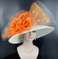 Church Kentucky Derby Hat Carriage Tea Party Wedding Wide Brim  Hat in Solid Sinamay Hat Off White((off white)  w Orange Jumbo Silk Flower