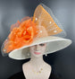 Church Kentucky Derby Hat Carriage Tea Party Wedding Wide Brim  Hat in Solid Sinamay Hat Off White((off white)  w Orange Jumbo Silk Flower