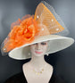 Church Kentucky Derby Hat Carriage Tea Party Wedding Wide Brim  Hat in Solid Sinamay Hat Off White((off white)  w Orange Jumbo Silk Flower