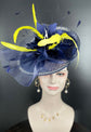 Navy Blue  w Yellow  Sinamay Disc Fascinator Hat with  Jumbo Feather Flowers Kentucky Derby HatCarriage Wedding Tea Party Hat