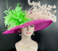 Hot Pink W Pink Green Feather Flowers Kentucky Derby Hat,Tea Party Carriage Party  Royal AscotWide Brim Sinamay Hat