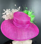 Hot Pink W Pink Green Feather Flowers Kentucky Derby Hat,Tea Party Carriage Party  Royal AscotWide Brim Sinamay Hat