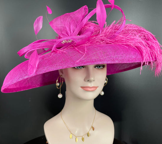 Fuchsia Hot Pink Wide Brim Sinamay Hat Church Kentucky Derby Hat Carriage Tea Party Wedding  Rhinstones  Sinamay Bow Ostrich Feather