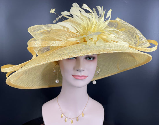 Church Kentucky Derby Hat Carriage Tea Party Wedding  With Jumbo Feather Flower and Bows Yellow