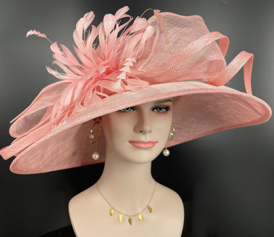 Church Kentucky Derby Hat Carriage Tea Party Wedding  With Jumbo Feather Flower and Bows Blush/Dusty Pink Wide Brim Sinamay Hat