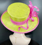 Church  Kentucky Derby Hat Carriage Tea Party Wedding Wide Brim Woman’s Royal Ascot Hat in Solid Sinamay Hat Lime Green w Hot Pink