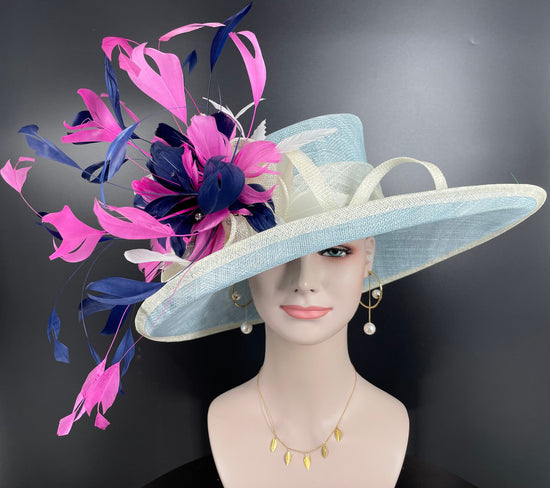 Church  Kentucky Derby Hat Carriage Tea Party Wedding Wide Brim Woman’s Royal Ascot Hat in Solid Sinamay Hat Powder Blue Navy blue Hot Pink