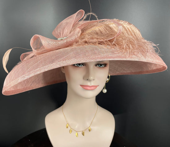 Blush Pink Wide Brim Sinamay Hat Church Kentucky Derby Hat Carriage Tea Party Wedding  Rhinstones w Sinamay Bow Ostrich Feather