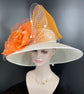 Church Kentucky Derby Hat Carriage Tea Party Wedding Wide Brim  Hat in Solid Sinamay Hat Off White((off white)  w Orange Jumbo Silk Flower