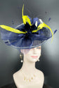 Navy Blue  w Yellow  Sinamay Disc Fascinator Hat with  Jumbo Feather Flowers Kentucky Derby HatCarriage Wedding Tea Party Hat