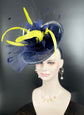 Navy Blue  w Yellow  Sinamay Disc Fascinator Hat with  Jumbo Feather Flowers Kentucky Derby HatCarriage Wedding Tea Party Hat