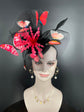 Kentucky Derby Hat  Wedding Feather w Butterflies  Floral Organza w Sinamay Headband Fascinator Hat Cocktail  Black w Red Feather Flower