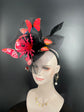 Kentucky Derby Hat  Wedding Feather w Butterflies  Floral Organza w Sinamay Headband Fascinator Hat Cocktail  Black w Red Feather Flower