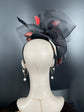 Kentucky Derby Hat  Wedding Feather w Butterflies  Floral Organza w Sinamay Headband Fascinator Hat Cocktail  Black w Red Feather Flower