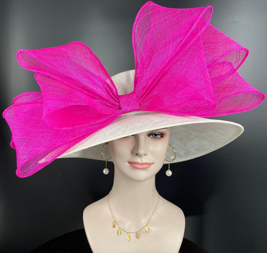 White w Jumbo Fuchsia Pink Wide brim Sinamy Hat Kentucky Derby Hat ,Tea Party Carriage Party Easter Party Hat