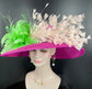 Hot Pink W Pink Green Feather Flowers Kentucky Derby Hat,Tea Party Carriage Party  Royal AscotWide Brim Sinamay Hat