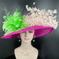 Hot Pink W Pink Green Feather Flowers Kentucky Derby Hat,Tea Party Carriage Party  Royal AscotWide Brim Sinamay Hat