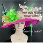 Hot Pink W Pink Green Feather Flowers Kentucky Derby Hat,Tea Party Carriage Party  Royal AscotWide Brim Sinamay Hat