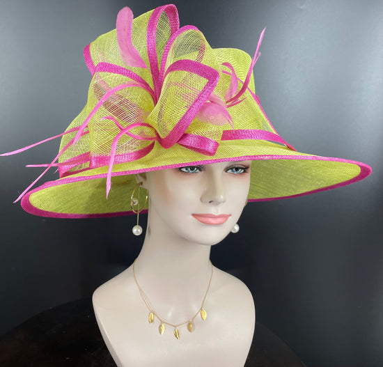 Church Kentucky Derby Hat Carriage Tea Party Wedding Wide Brim  Royal Ascot Hat in Solid Sinamay Hat Lime Green w Hot Pink