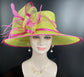 Church Kentucky Derby Hat Carriage Tea Party Wedding Wide Brim  Royal Ascot Hat in Solid Sinamay Hat Lime Green w Hot Pink