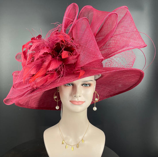 Burgundy/Maroon Ascot Horse Race Oaks day hat Carriage Tea Party Wedding Kentucky Derby Hat Party Hat Wide Brim Sinamay Hat