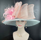 Powder Blue Peach  Pink Wide Brim Sinamay Hat Church Kentucky Derby Hat Carriage Tea Party Wedding Hat Bows Feather Flower Ostrich Quills