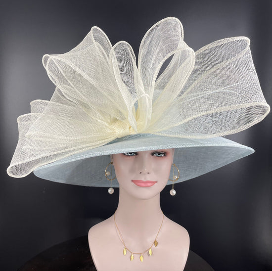 Powder Blue Ivory/Off Royal Ascot Horse Race Oaks day hat Carriage Tea Party Wedding Kentucky Derby Hat Party Hat Wide Brim Sinamay Hat