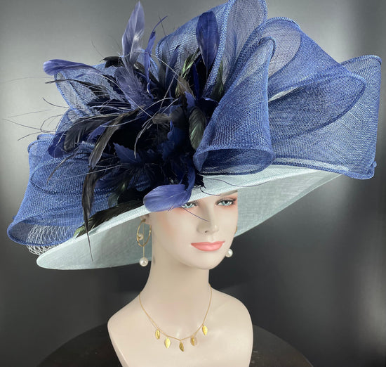 Powder Blue Navy Blue Wide Brim Sinamay Hat Church Kentucky Derby Hat Carriage Tea Party Wedding Hat Bows Feather Flower Ostrich Quills